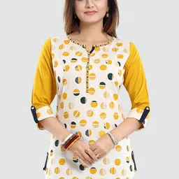 Saree Swarg Women Cream-Coloured & Yellow Geometric Printed Kurti-image-93