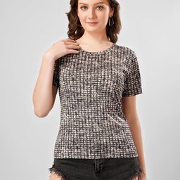 MIMID Women Checked Round Neck Cotton T-shirt-image-97