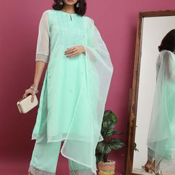 Vishudh Ethnic Motifs Yoke Design Regular Thread Work Kurta with Palazzos & With Dupatta image 1