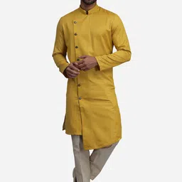 THE KURTA COMPANY Mandarin Collar Silk Self Design Kurta-image-83