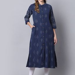 Pistaa Women Navy Blue Floral Printed Thread Work  Kurta-image-93