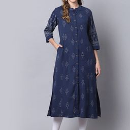 Pistaa Women Navy Blue Floral Printed Kurta-image-82