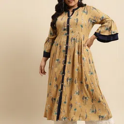 RANGMAYEE Women Mustard Yellow Floral Printed Bell Sleeves Liva A-Line Kurta-image-10