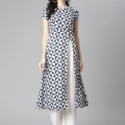 Poshak Hub Women White & Navy Blue Geometric Printed Front Slit Indigo Kurta-14
