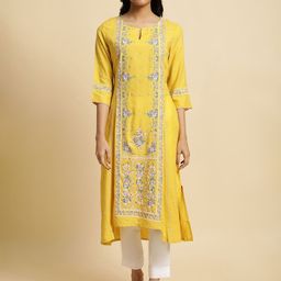 W Yellow & Pink Floral Printed Keyhole Neck A-Line Kurta-image-41