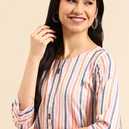 SHOWOFF Women White & Pink Calf Length Striped Woven Design Kurta-23