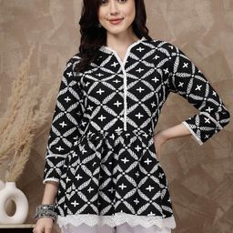 plusS Black Ethnic Motifs Embroidered Thread Work Pure Cotton A-Line Kurti-38