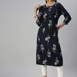 SHOWOFF Floral Printed Cotton Foil Print Tie-Up Neck Straight Kurta-picture-38