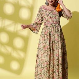 KALINI Floral Printed Mirror Work Pure Cotton Anarkali Kurta-7