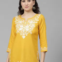 QAZMI Floral Yoke Design Kashmiri Aari Work Straight Kurti-image-45