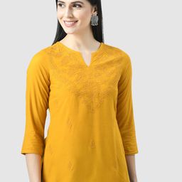 QAZMI Floral Woven Design Thread Work Cotton Straight Kurti-image-92