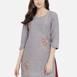 AAYUMI Floral Embroidered Round Neck Three-quarter Sleeve Cotton Kurta-image-52