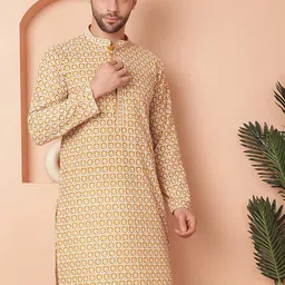 Jompers Geometric Printed Mandarin Collar Long Sleeves Cotton Thread Work Kurta-1