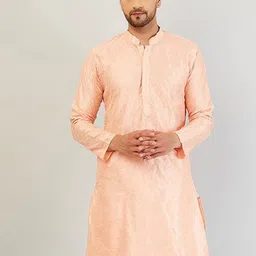 Armaan Ethnic Men Pink Thread Work Indigo Silk Kurta-image-86