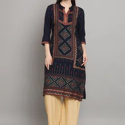 all about you Navy Blue Ethnic Motifs Foil Printed Straight Kurta-picture-8