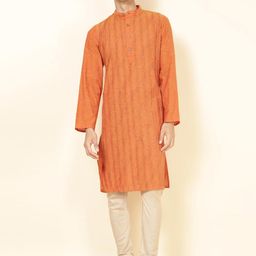 Fabindia Striped Band Collar Cotton Straight Kurta-image-36