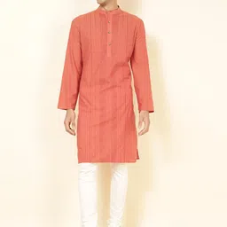 Fabindia Striped Woven Design Band Collar Cotton Straight Kurta-image-97
