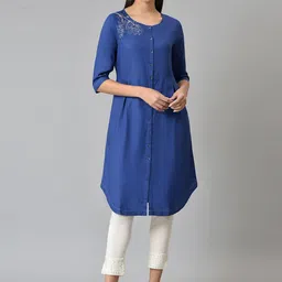 W Women Blue Floral Embroidered Thread Work Floral Printed  Kurta-picture-17