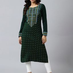 AURELIA Women Green & Yellow Printed Acrylic Straight Kurta-21