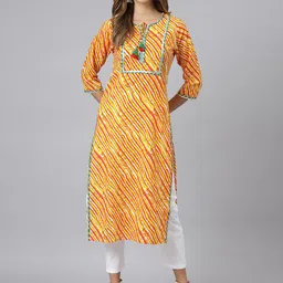 JAIPUR ATTIRE Women Orange & Yellow Leheriya Printed Gotta Patti  Pure Cotton Kurta-picture-18