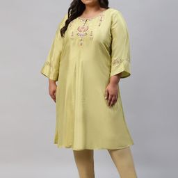 W Women Green Flared Sleeves Embroidered Thread Work Kurta-image-50