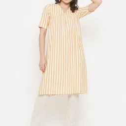 FABNEST Women Yellow & White Striped Kurta-image-17