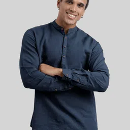 IVOC Men Navy Blue Slim Fit Cotton Linen Kurta-32
