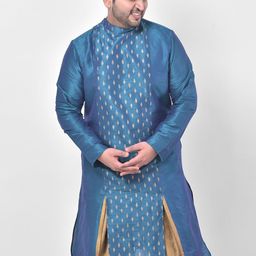 DEYANN PLUS Men Plus Size Blue Geometric Woven Design Dupion Silk Kurta-17