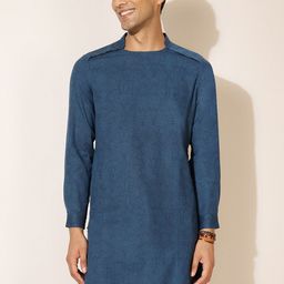 Fabindia FabBasic Men Blue Floral Printed Mandarin Collar Cotton Kurta-picture-16