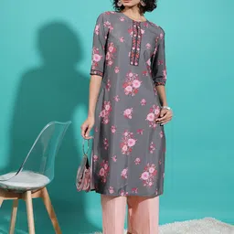 KETCH Grey Floral Printed Straight Kurta-11
