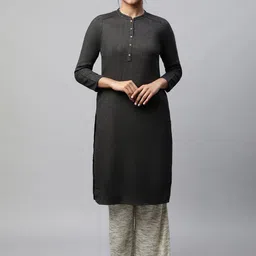 AURELIA Woven Design Band Collar Cotton Kurta-image-67