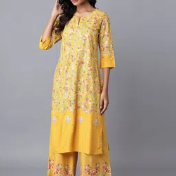 W Women Yellow Floral Embroidered Keyhole Neck Thread Work Kurta-picture-12