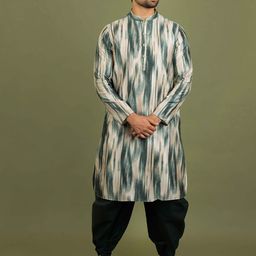 KISAH Men Green Striped Keyhole Neck Thread Work Kurta-image-21