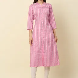Anouk Pink Striped Mandarin Collar Straight Pure Cotton Kurta-picture-22