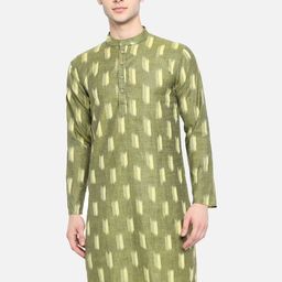 Vastraa Fusion Men Green & Yellow Ikkat Printed Cotton A-line Kurta-image-56