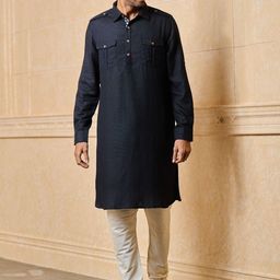 Tasva Shirt Collar Roll Up Sleeves Pathani Kurta-image-16