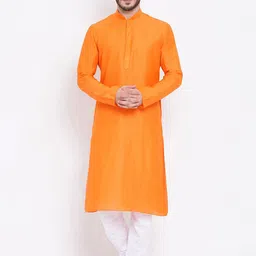 NAMASKAR Men Orange Cotton Linen Solid  A-line Kurta-16