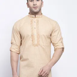 KLOTTHE Men Peach-Coloured Thread Work Kurta-5