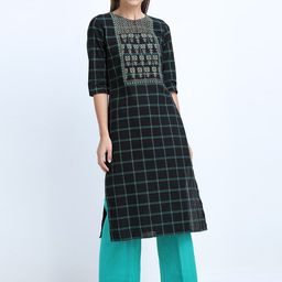 Vishudh Women Black & Teal Checked Thread Work Cotton Kurta-picture-22