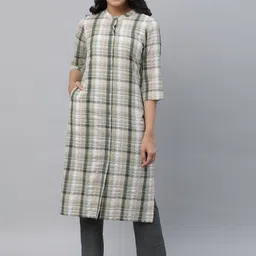 AURELIA  Checked Band Collar Seer Sucker Pure Cotton Kurta-image-59