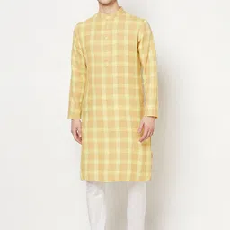 WESTCLO Men Yellow & White Checked Thread Work Kurta-image-100