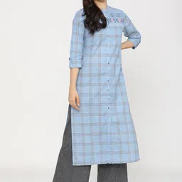 Vishudh Women Blue Checked Thread Work Kurta-picture-48