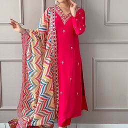 Kedar Fab Floral Embroidered Thread Work Straight Kurta With Trouser And Dupatta-image-93