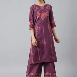W Women Purple Geometric Embroidered Thread Work Kurta-image-47