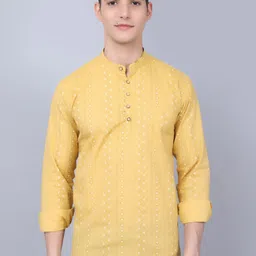 Majestic Man Geometric Printed Band Collar Pure Cotton Short Kurta-picture-22