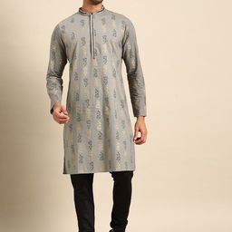 Amodh by Kisah Men Grey & Gold-Toned Floral Printed Kurta-27