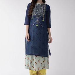 Anouk Navy Blue Floral Embroidered Boat Neck Pure Cotton Straight Kurta-image-78