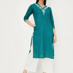 max Floral Embroidered V-neck Three-Quarter Sleeves Thread Work Kurta-picture-16