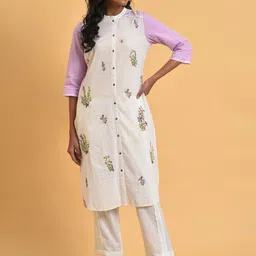 W Floral Printed Mandarin Collar Pure Cotton Straight Kurta-image-53