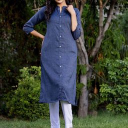 VASVI Geometric Woven Design Mandarin Collar Cotton Straight Kurta-image-65